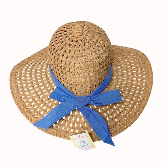 Open Weave Floppy Straw Hat Wide Brim Blue Bow Grommets Beach Cruise Resort Chic - Picture 2 of 16